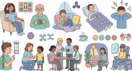 Neurodiversity and autism calming sensory tools collection vector icons set with people using gadgets coping mechanisms and fidgets
