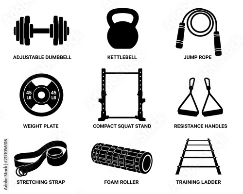 Comprehensive set of black minimalist gym and fitness equipment symbols for weight training, home aerobic workouts, and muscle recovery routines