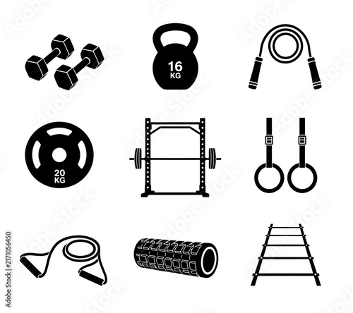 Fitness equipment collection for gym training strength concept health workout exercise tools set bodybuilding crossfit routine lifestyle