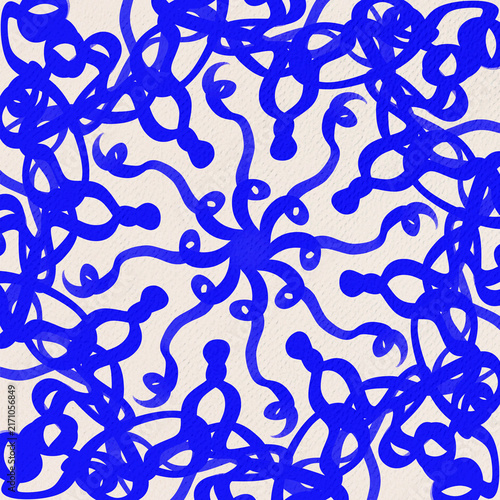 Intricate blue swirling abstract shapes radiating from a central point in a symmetrical digital artwork composition.