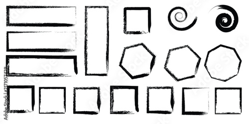 Set of hand drawn geometric shapes and frames created with a dry brush ink texture effect