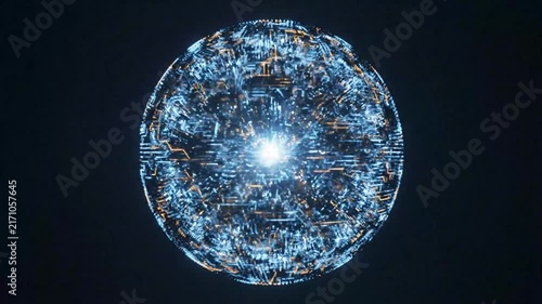 Close-up of glowing digital sphere in dark space