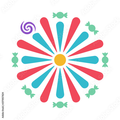 Colorful sunburst with candies and swirl