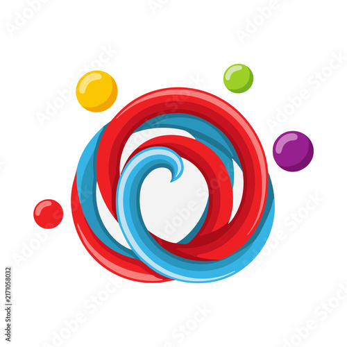 Swirling Red and Blue Abstract Shape with Colorful Spheres