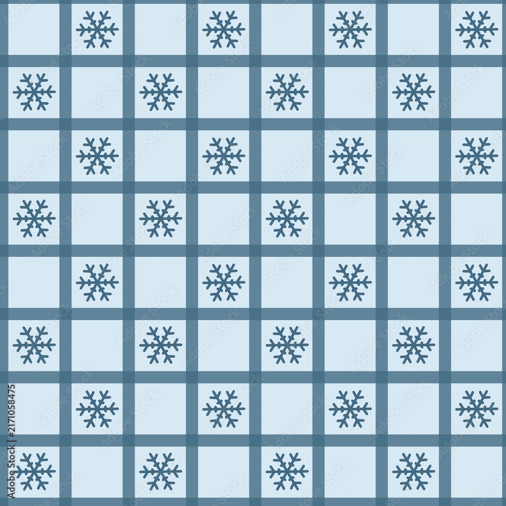 Blue checkered winter seamless pattern with snowflakes