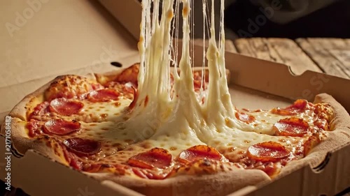 Close-up of pepperoni pizza with melting cheese in cardboard box