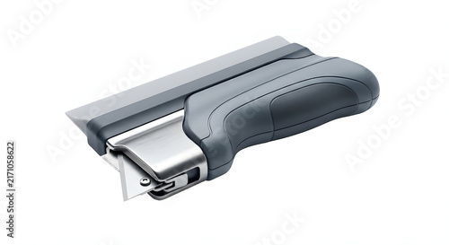 Ergonomic wallpaper smoother tool with integrated utility trimming razor blade.