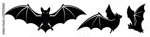 Fotografía Set of black silhouettes of bats on white background