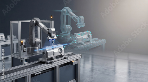 Industrial robotic arm performing digital twin quality inspection in automated manufacturing