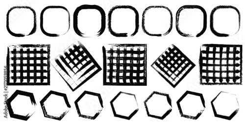 Set of hand drawn geometric shapes including circles squares and hexagons with a rough ink texture