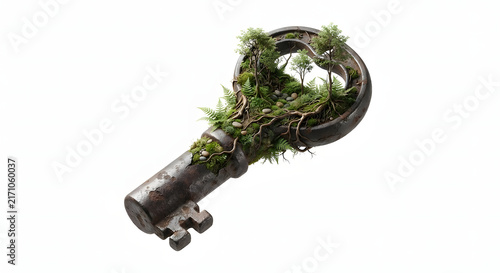 Vintage rusty iron key growing a miniature forest ecosystem with green moss and trees.