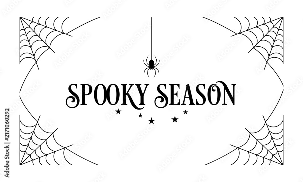 Fototapeta premium Spooky Season Halloween text design with spider web corners and hanging spider illustration.