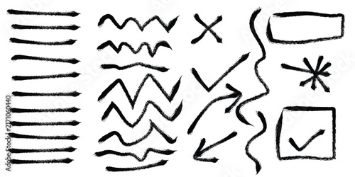 Collection of hand drawn doodle elements including lines arrows checkmarks and geometric shapes on white background