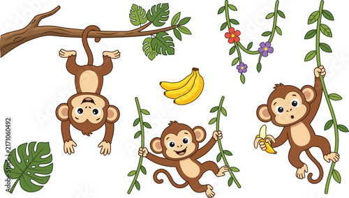 Canvas Print Cute Monkey Jungle Vector Clipart Set with Cartoon Monkeys Hanging on Tree Branc