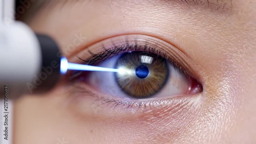Close-up view of eye examination with blue light probe