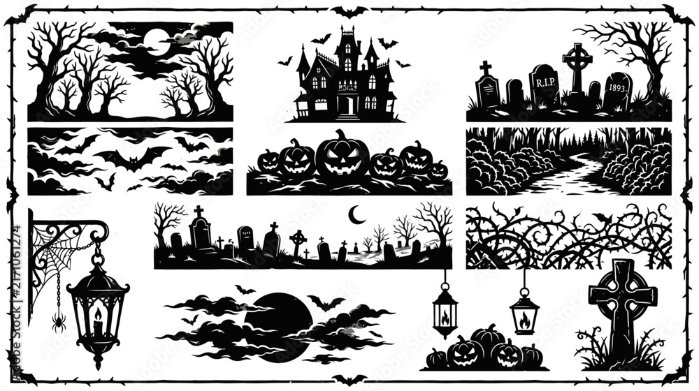 Fototapeta premium Embrace the spooky season with a collection of eerie halloween illustrations haunted houses graveyards bats and jack o' lanterns for a thrilling