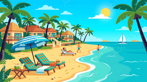 Colorful Tropical Beach Resort Vector Illustration Featuring Relaxing Vacationers Sunbathing Under Palm Trees by the Ocean