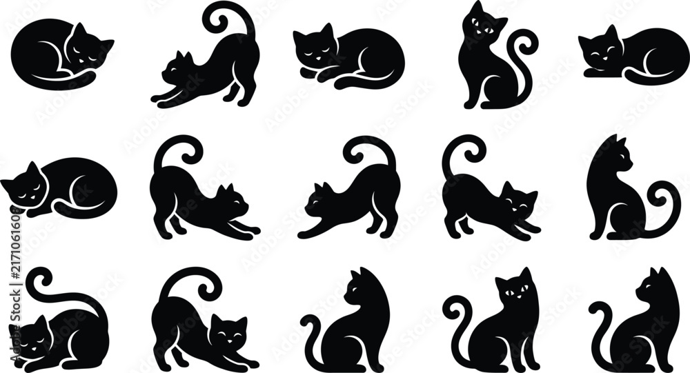 Fototapeta premium Black Cat Silhouette Collection Set Featuring Cute Sitting, Sleeping And Walking Feline Poses