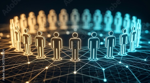 Abstract digital network visualization of interconnected human figures in glowing neon orange and blue colors on dark background