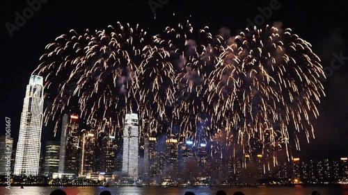 Fireworks exploding over city skyline at night