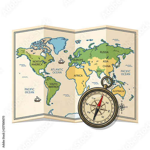An illustrative classic world map unfolds, accompanied by a detailed vintage brass compass, symbolizing journey, exploration, and global discovery