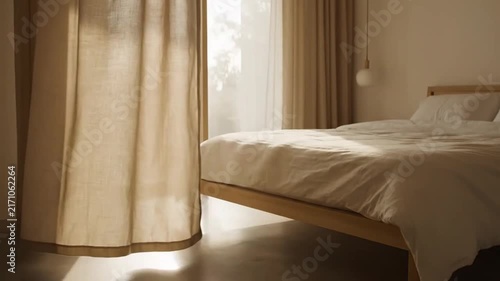 Low-angle bedroom with beige curtains and white bedding