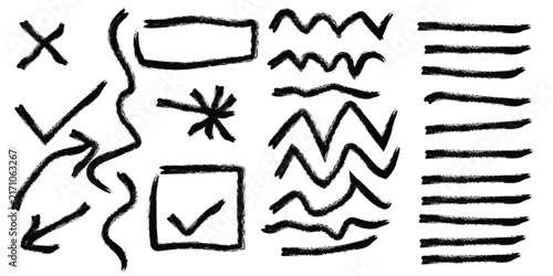 Collection of hand drawn doodle elements including check marks arrows lines and various abstract shapes on white