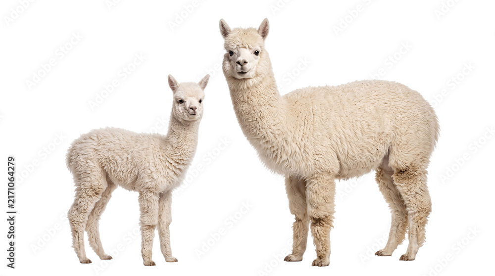 Fototapeta premium Alpaca and baby alpaca standing together on white png on isolated transparent background
