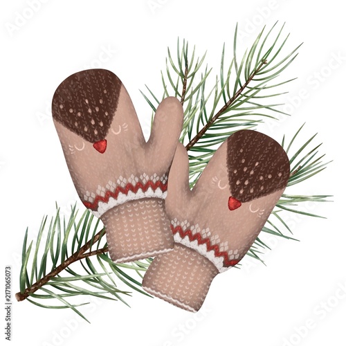Fotografie Watercolor Winter mittens with Evergreen pine branches, Hand painted Illustration on White background