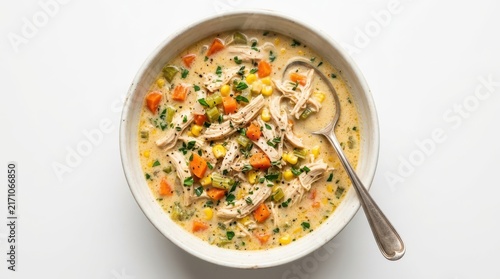 Creamy chicken soup with fresh vegetables in a bowl
