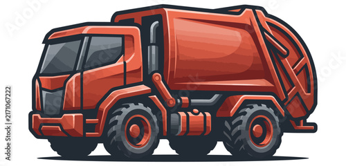 Red garbage compactor truck icon isolated on white background for waste management services.