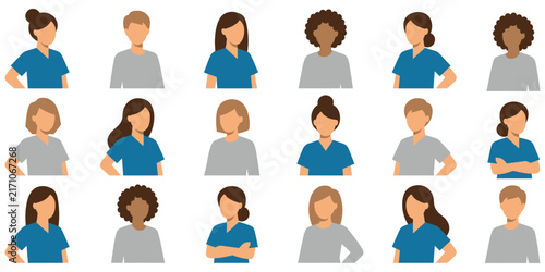 Set of diverse female medical professionals including doctors and nurses in uniform isolated on white background