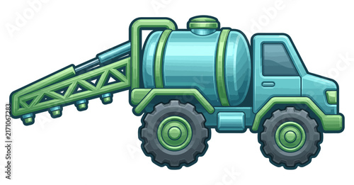 A stylized cartoon illustration of a green agricultural irrigation vehicle on white background.