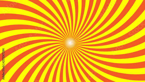 Abstract yellow and orange spiral sunburst background with radial twisted rays and center glow