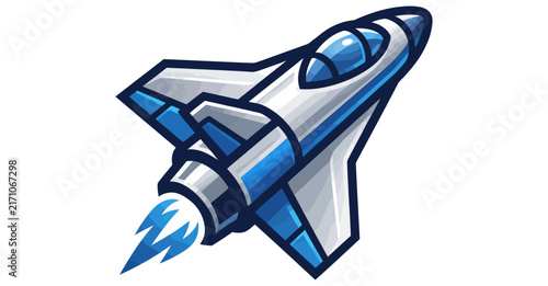 A stylized blue and white spaceplane icon isolated on white background.