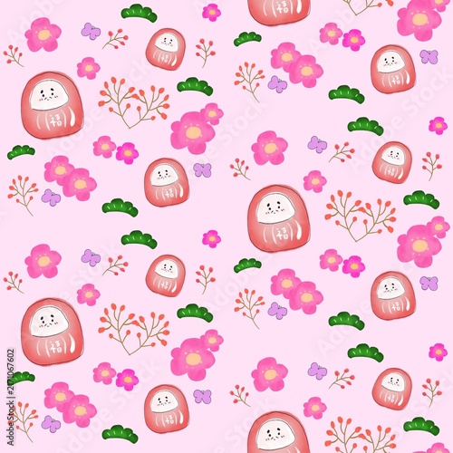 Japanese Daruma Doll Seamless Pattern with Pink Flowers, Lucky Charms and Cute Floral Background