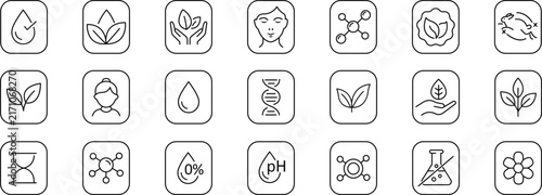 Natural cosmetic and skincare icons set for organic beauty, dermatology, and eco product packaging. Collection of eco friendly cosmetic icons with cruelty free, vegan, organic and paraben free badges.