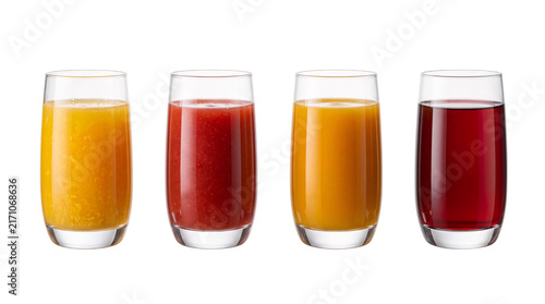 Four glasses of assorted fruit juices in a row on png on isolated transparent background
