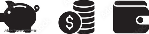 Set of flat vector icons representing financial savings money and personal wallet