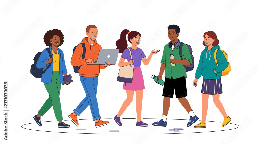 Fototapeta premium Diverse Group of Gen Z College Students Walking Together on Campus, Carrying Backpacks, Water Bottles and Laptop, Modern Flat Vector Illustration Isolated on White Background.