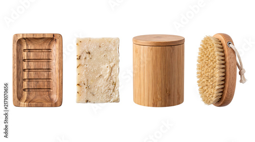Fotografía Natural bathroom set: wooden soap dish, soap bar, png on isolated transparent ba