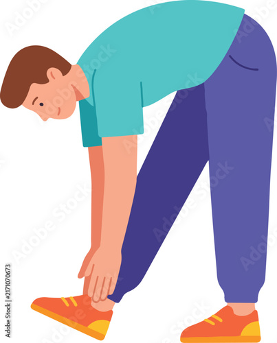 A young athletic man wearing comfortable sportswear performs a hamstring stretch bending down to touch his toes demonstrating correct physical exercise form during a morning routine
