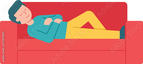 A young male person comfortably rests lying down across a red couch while taking a peaceful afternoon nap in the living room inside a comfortable residential interior setting