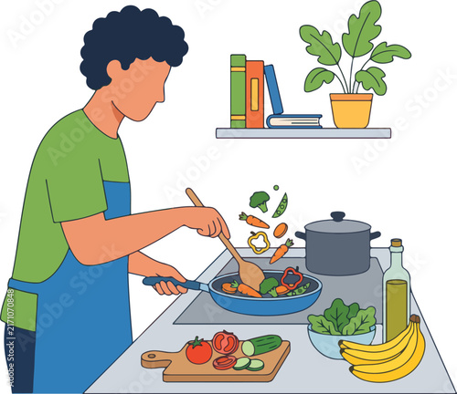 A cheerful young man wearing an apron happily prepares a healthy meal in his kitchen using fresh vegetables cooking delicious recipes on a warm afternoon while enjoying his daily routine