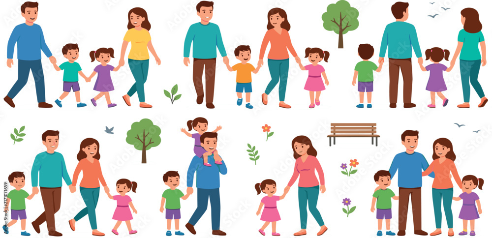 Fototapeta premium Cute family character illustration bundle featuring parents walking children piggyback ride and nature elements