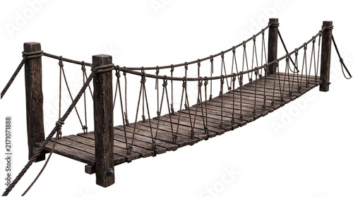 Obraz na płótnie Rustic wooden rope suspension bridge over a dark png on isolated transparent bac