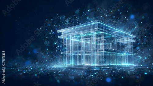 Digital holographic wireframe of a building