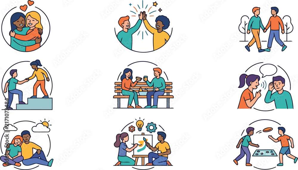 Fototapeta premium Collection of vector illustrations depicting diverse people interacting in collaborative and supportive scenarios collaboration