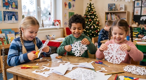 Children crafting paper snowflakes at a table during Christmas  