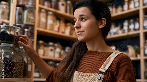 A woman carefully selecting spices from glass jars on wooden shelves in a well  ed natural goods store